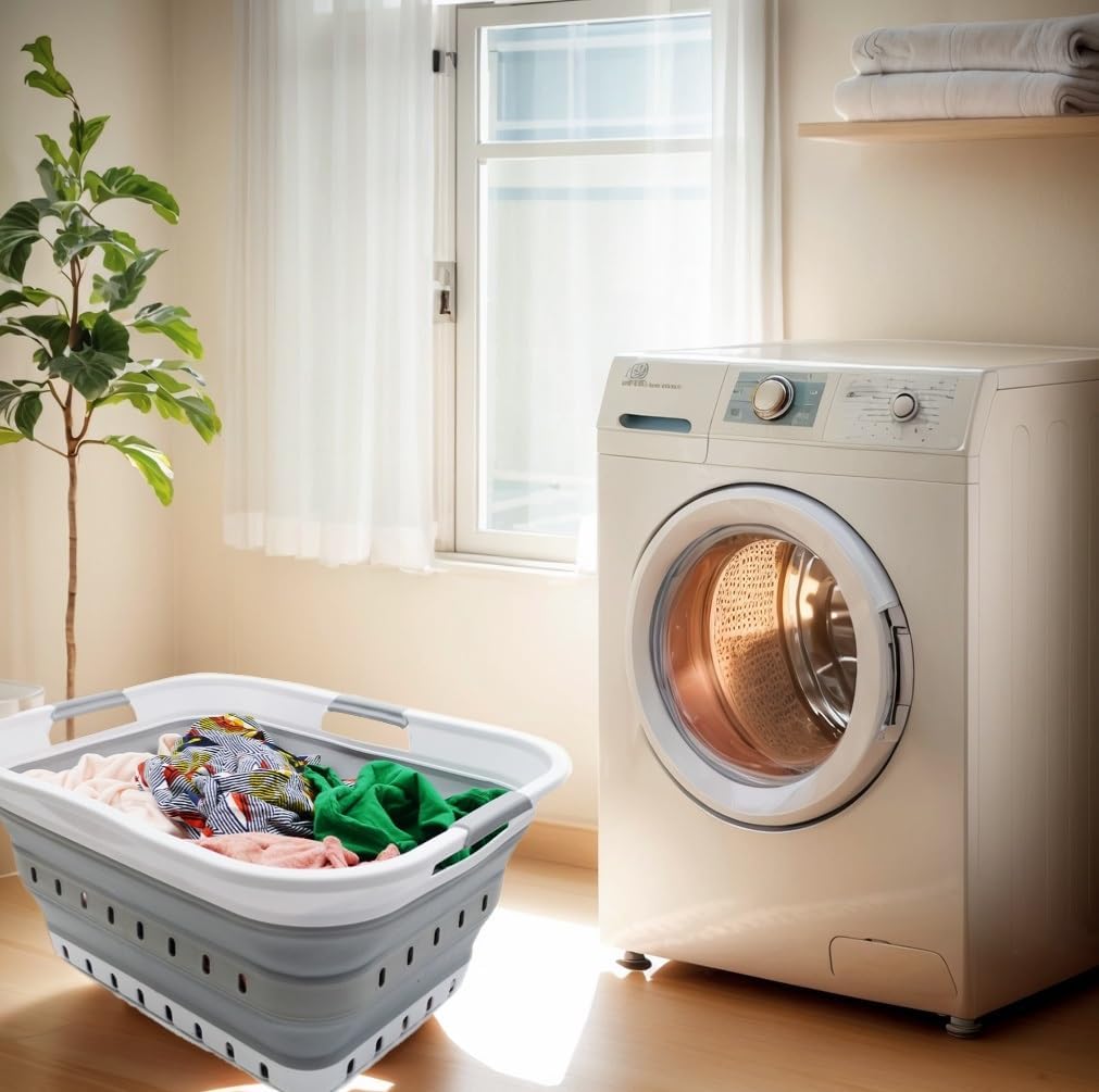 42L (11 gallon) Collapsible Plastic Laundry Basket  (1, White/Grey)