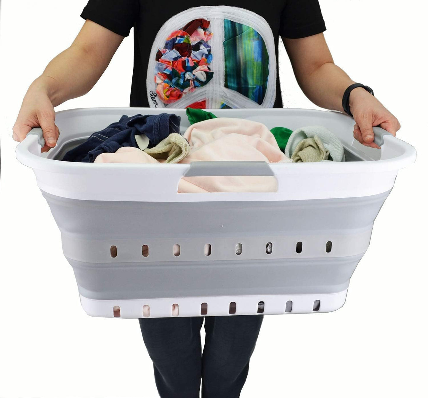 42L (11 gallon) Collapsible Plastic Laundry Basket  (1, White/Grey)
