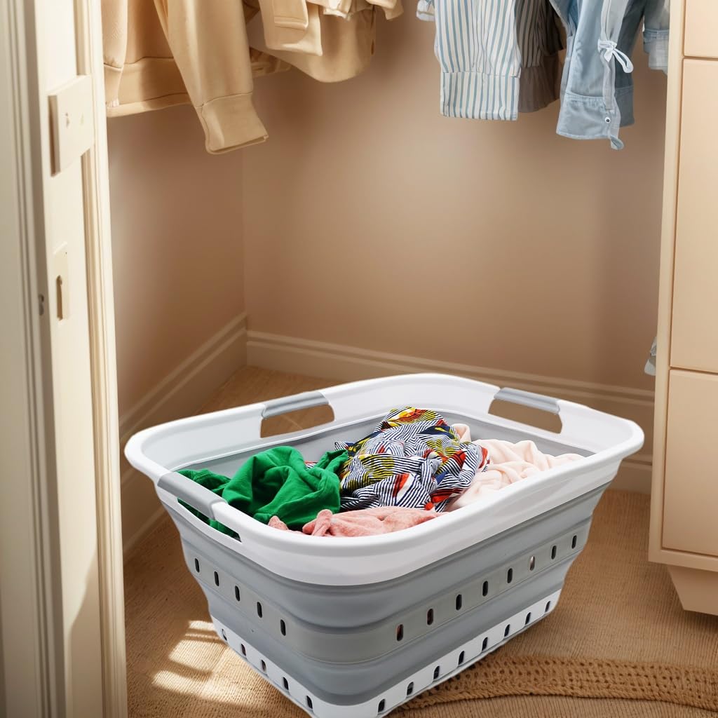 42L (11 gallon) Collapsible Plastic Laundry Basket  (1, White/Grey)